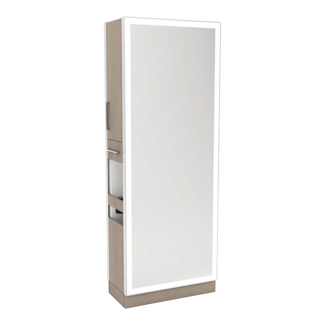 Glo Double Operator Styling Station with Slide-out Appliance Holder and Silver Full-Length Rectangle Glo Mirror - Kaemark
