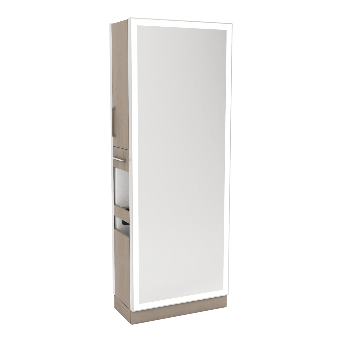 Glo Double Operator Styling Station with Slide-out Appliance Holder and Silver Full-Length Rectangle Glo Mirror - Kaemark