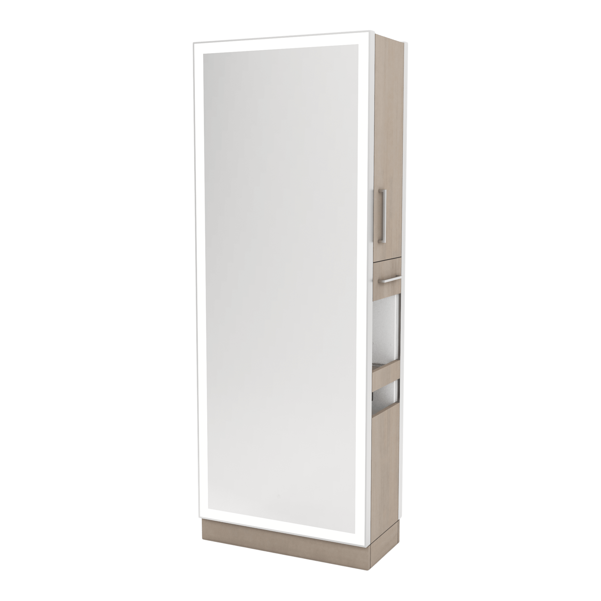 Glo Double Operator Styling Station with Slide-out Appliance Holder and Silver Full-Length Rectangle Glo Mirror - Kaemark