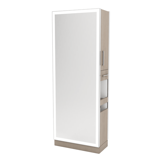 Glo Double Operator Styling Station with Slide-out Appliance Holder and Silver Full-Length Rectangle Glo Mirror - Kaemark