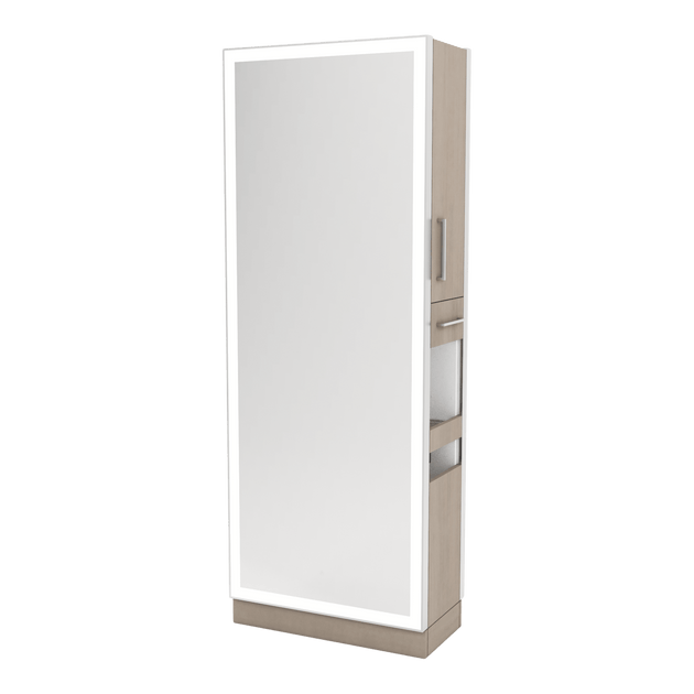 Glo Double Operator Styling Station with Slide-out Appliance Holder and Silver Full-Length Rectangle Glo Mirror - Kaemark