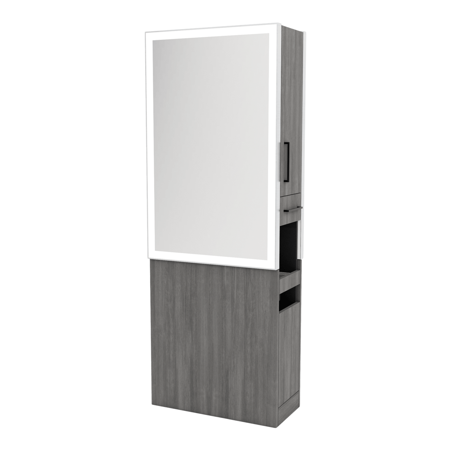 Glo Double Operator Styling Station with Slide-out Appliance Holder and Silver Rectangle Glo Mirror - Kaemark