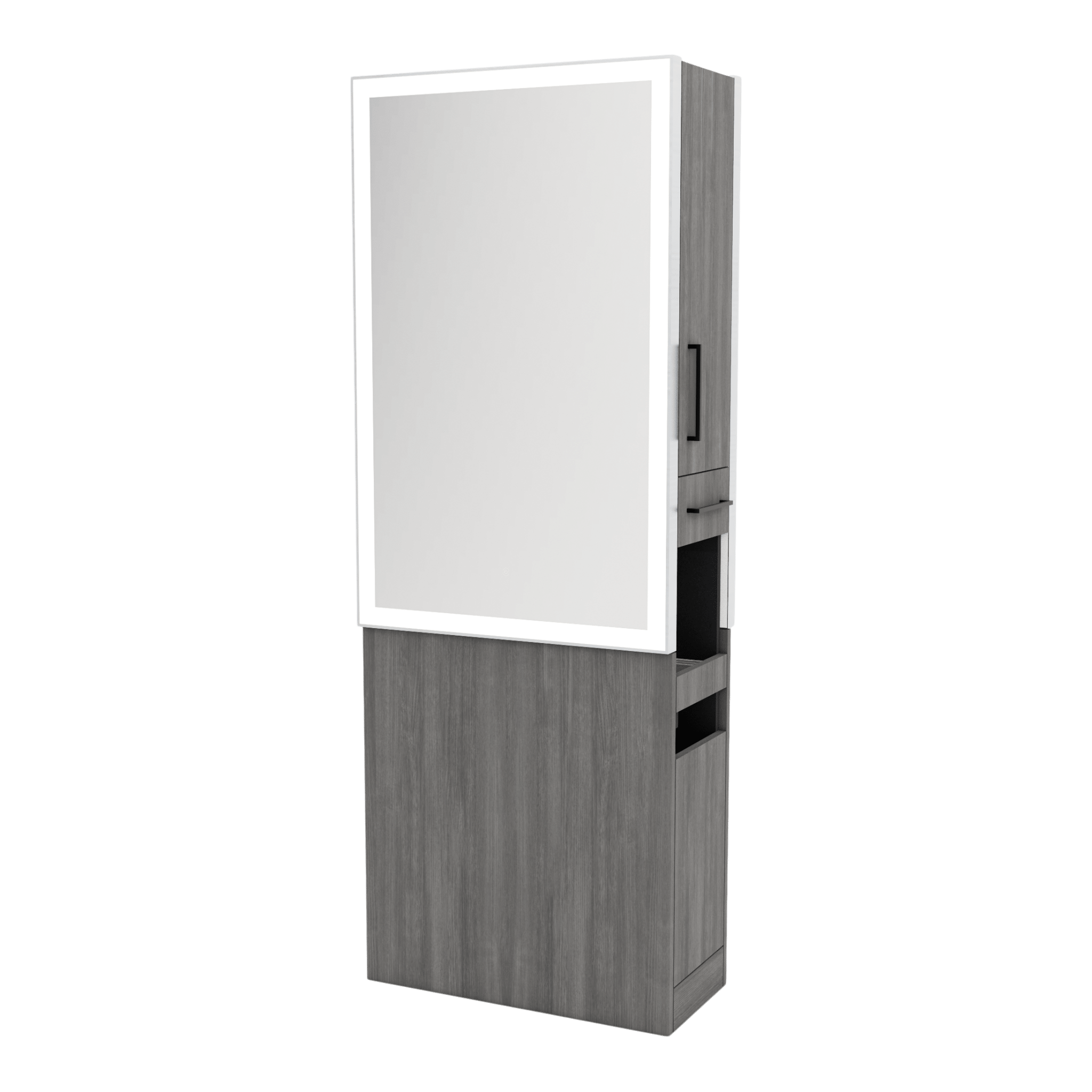 Glo Double Operator Styling Station with Slide-out Appliance Holder and Silver Rectangle Glo Mirror - Kaemark