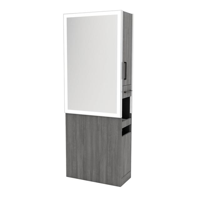 Glo Double Operator Styling Station with Slide-out Appliance Holder and Silver Rectangle Glo Mirror - Kaemark