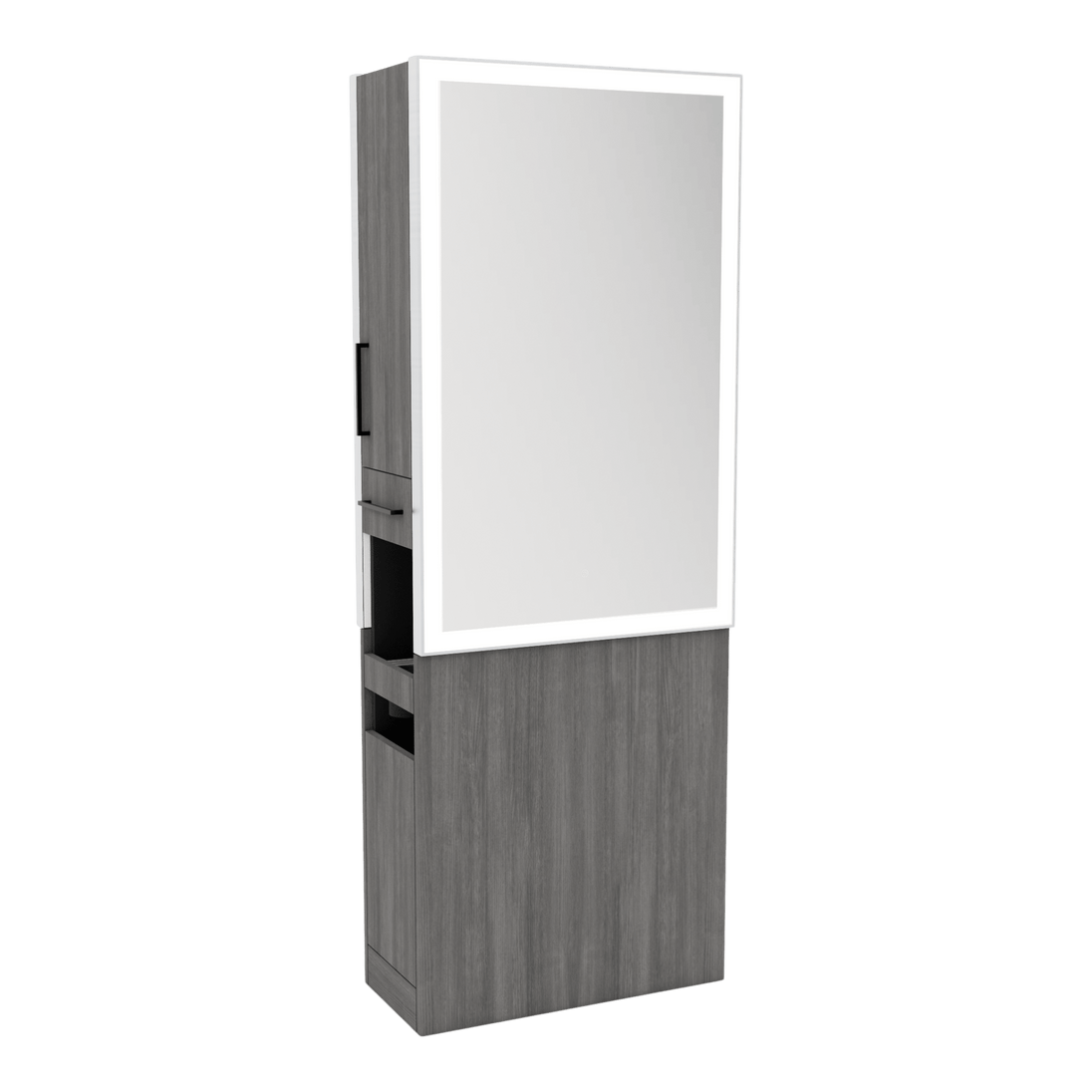 Glo Double Operator Styling Station with Slide-out Appliance Holder and Silver Rectangle Glo Mirror - Kaemark