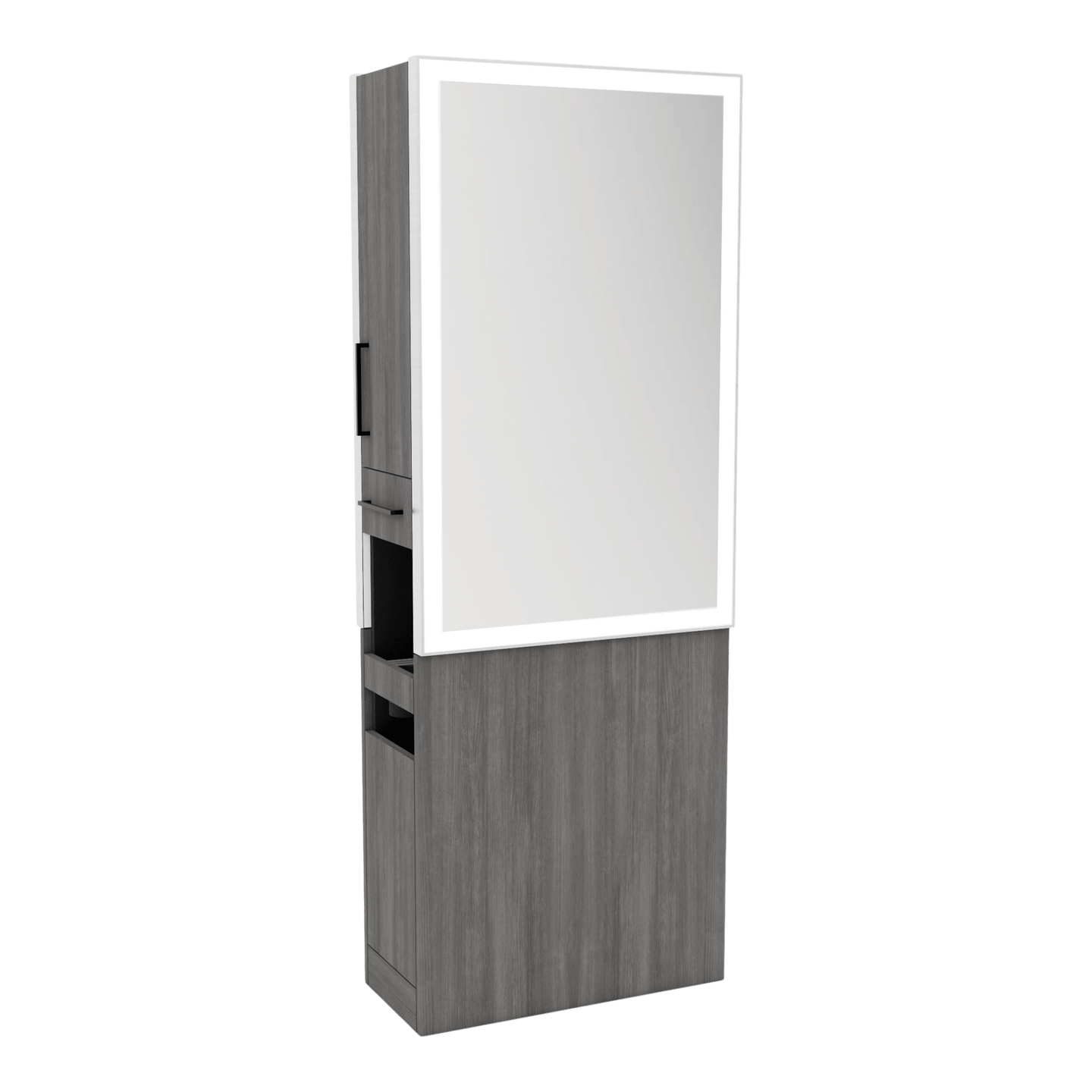 Glo Double Operator Styling Station with Slide-out Appliance Holder and Silver Rectangle Glo Mirror - Kaemark