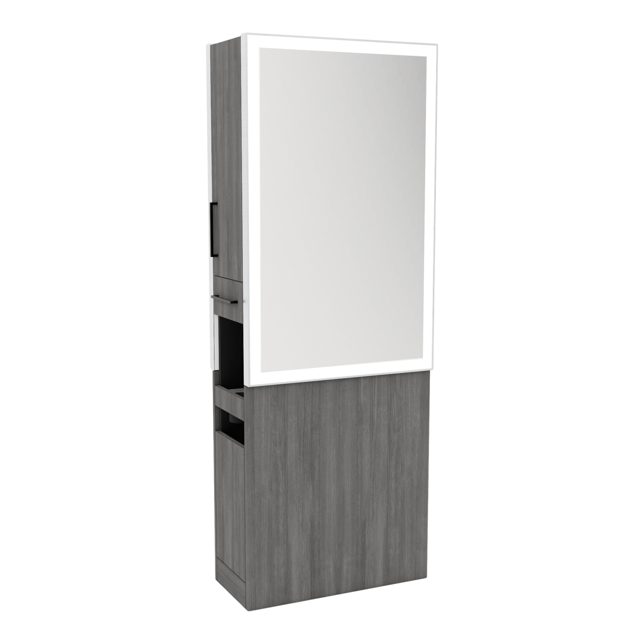Glo Double Operator Styling Station with Slide-out Appliance Holder and Silver Rectangle Glo Mirror - Kaemark