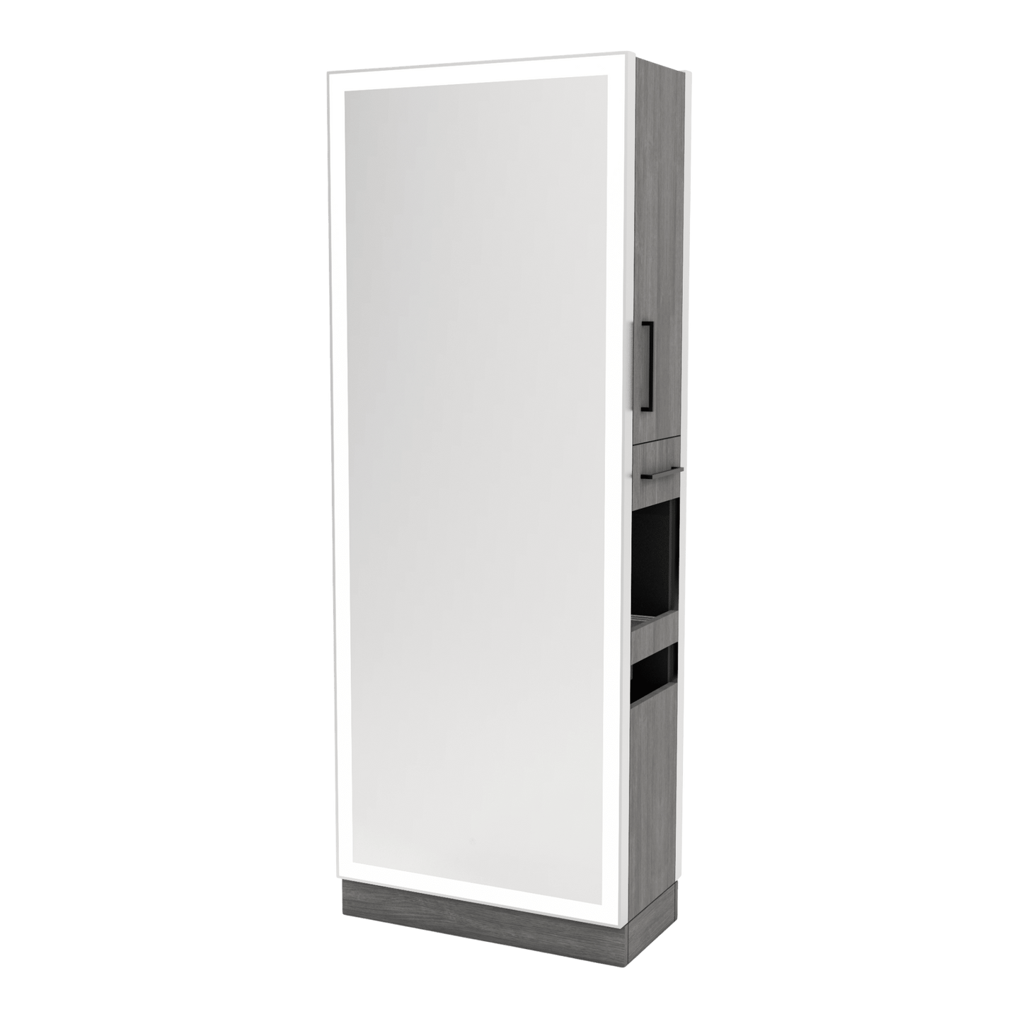 Glo Double Operator Styling Station with Slide-out Appliance Holder and Silver Full-Length Rectangle Glo Mirror - Kaemark