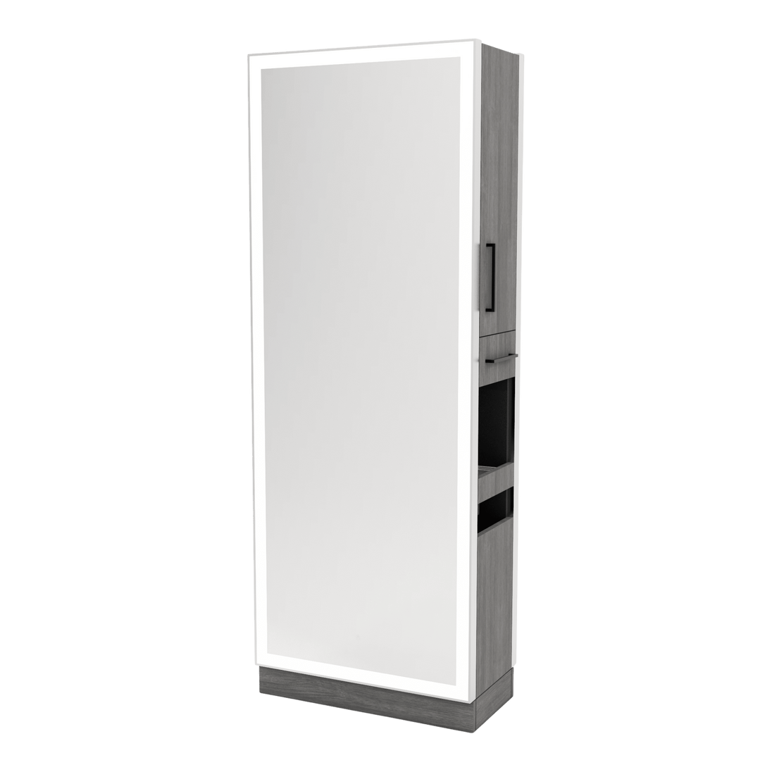 Glo Double Operator Styling Station with Slide-out Appliance Holder and Silver Full-Length Rectangle Glo Mirror - Kaemark