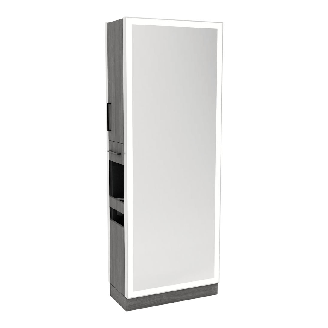 Glo Double Operator Styling Station with Slide-out Appliance Holder and Silver Full-Length Rectangle Glo Mirror - Kaemark