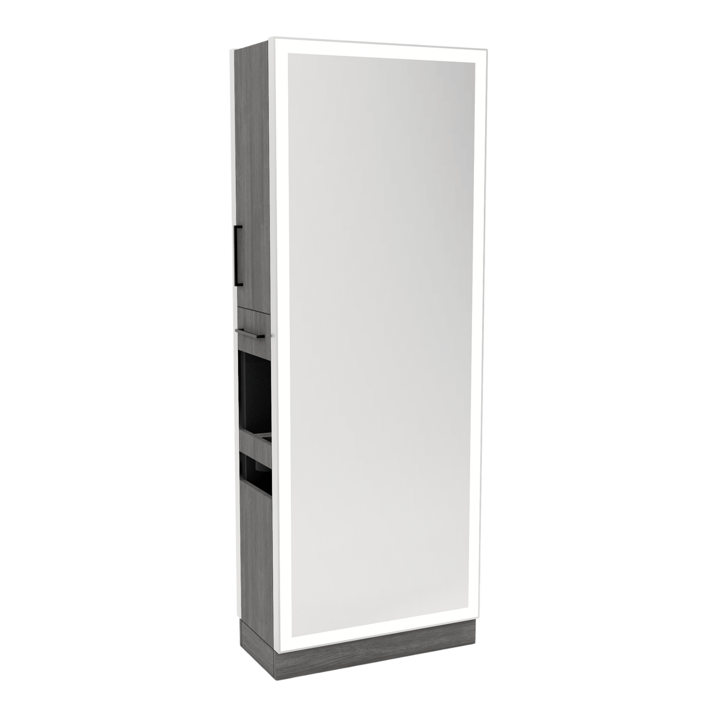 Glo Double Operator Styling Station with Slide-out Appliance Holder and Silver Full-Length Rectangle Glo Mirror - Kaemark