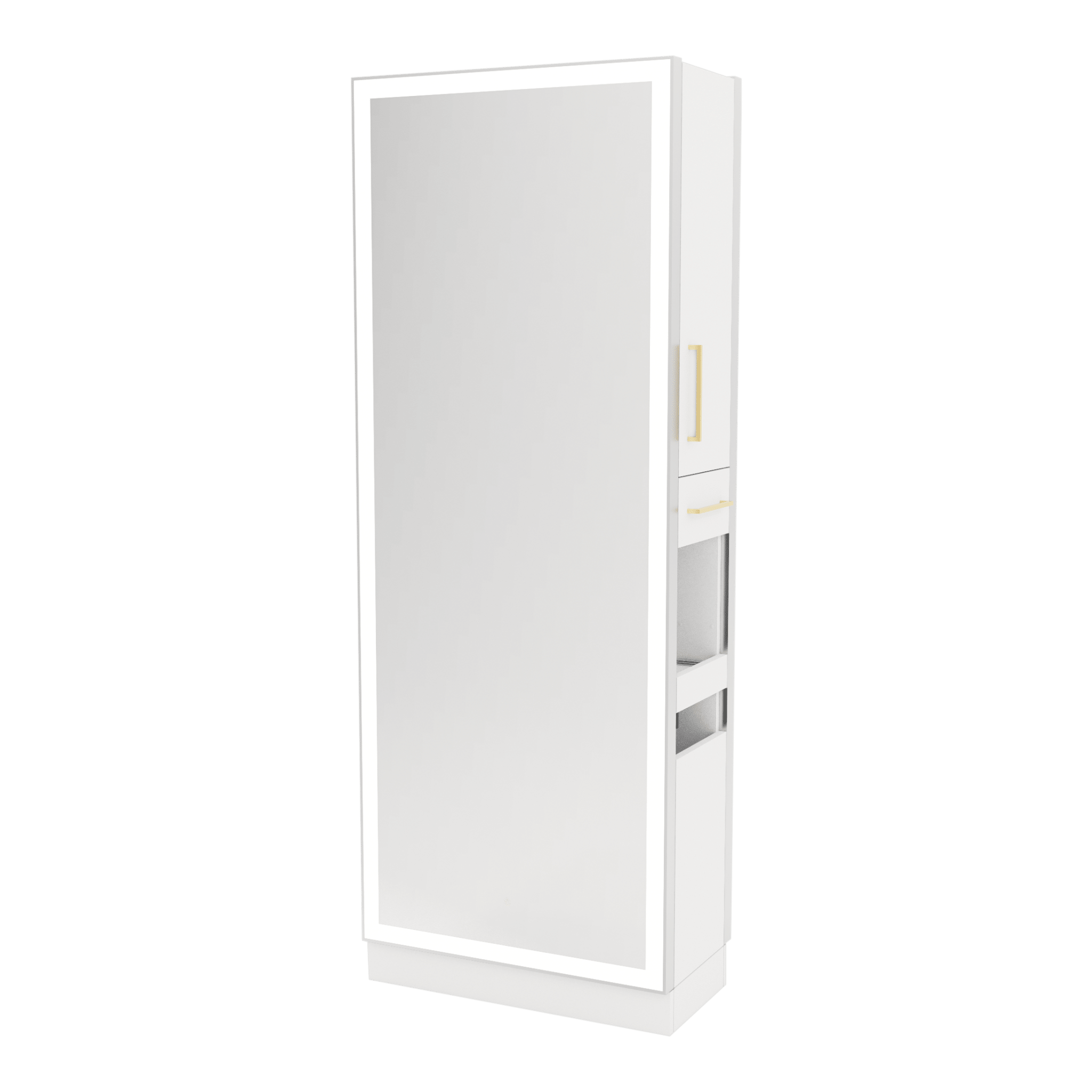 Glo Double Operator Styling Station with Slide-out Appliance Holder and Silver Full-Length Rectangle Glo Mirror - Kaemark