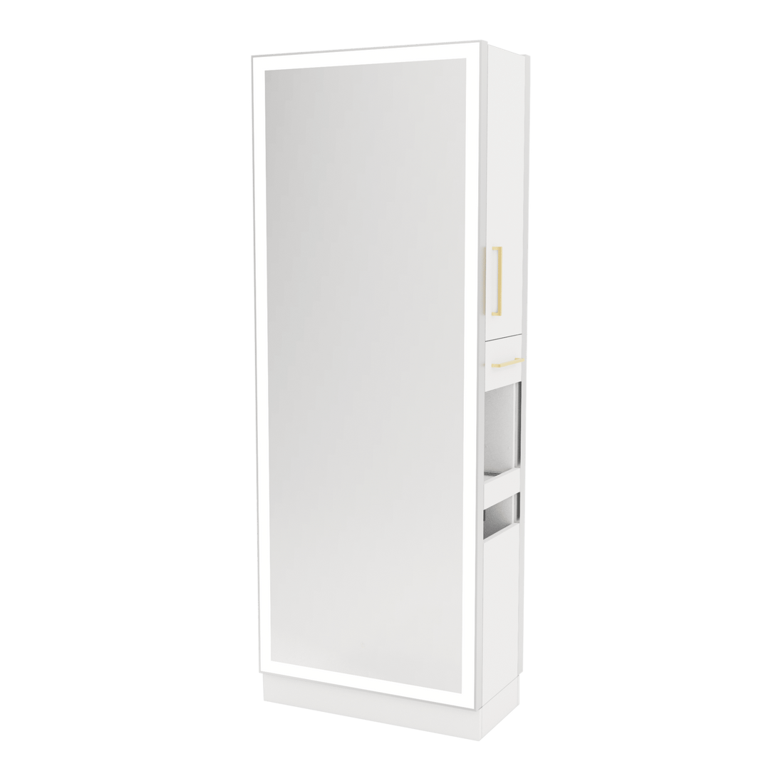 Glo Double Operator Styling Station with Slide-out Appliance Holder and Silver Full-Length Rectangle Glo Mirror - Kaemark