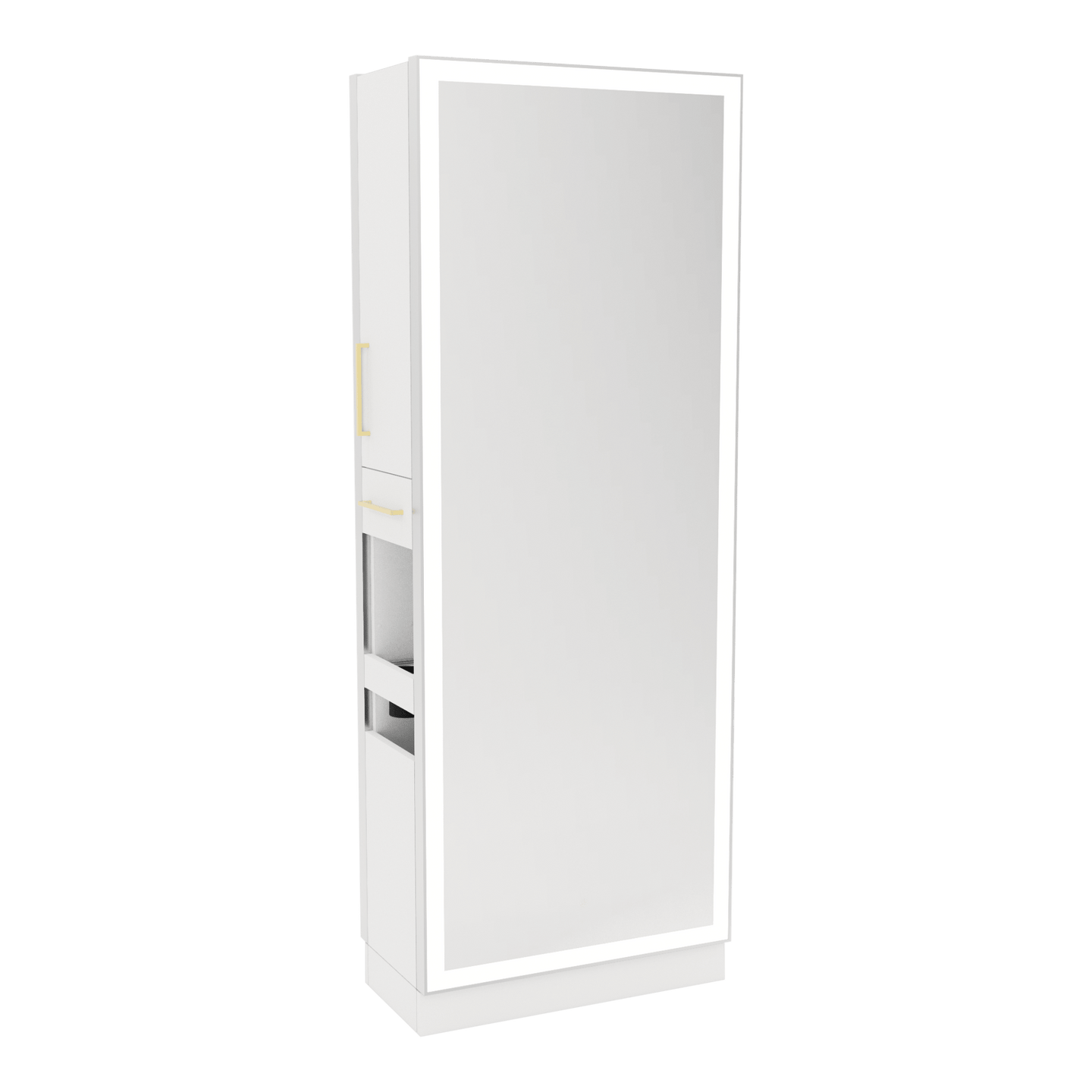 Glo Double Operator Styling Station with Slide-out Appliance Holder and Silver Full-Length Rectangle Glo Mirror - Kaemark