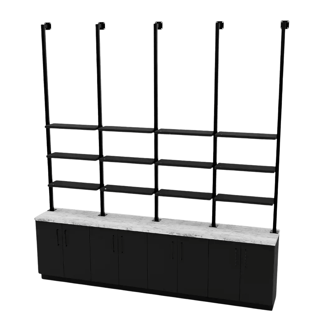 Lone Star Wall Mount Retail Unit with Lower Storage, Pipe Shelves and Solid Surface Counter - Kaemark