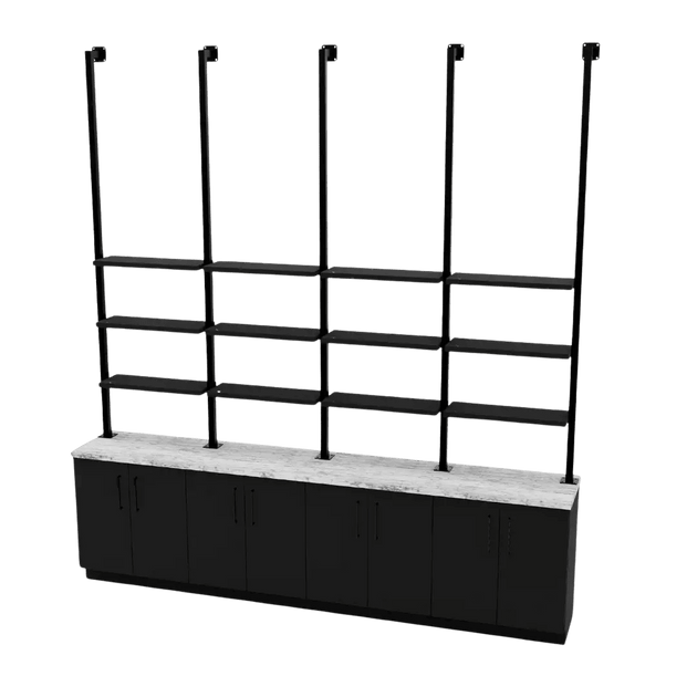 Lone Star Wall Mount Retail Unit with Lower Storage, Pipe Shelves and Solid Surface Counter - Kaemark