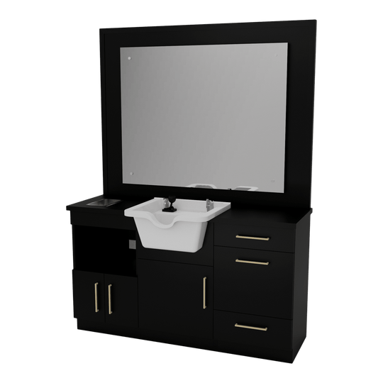 Metro Barber Station with Towel Warmer Cubby, Shear Drawer, and Shampoo Bowl - Kaemark