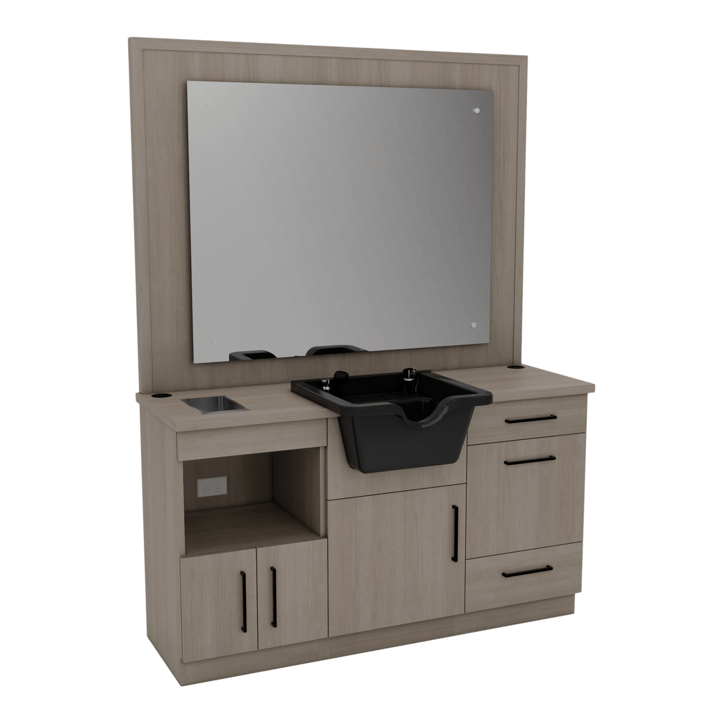 Metro Barber Station with Towel Warmer Cubby, Shear Drawer, and Shampoo Bowl - Kaemark