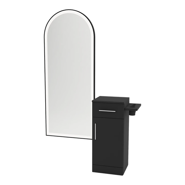 Nova Tower Free Standing Styling Station with Side-Mount Appliance Holder and Black Full-Length Arch Paloma Mirror - Kaemark