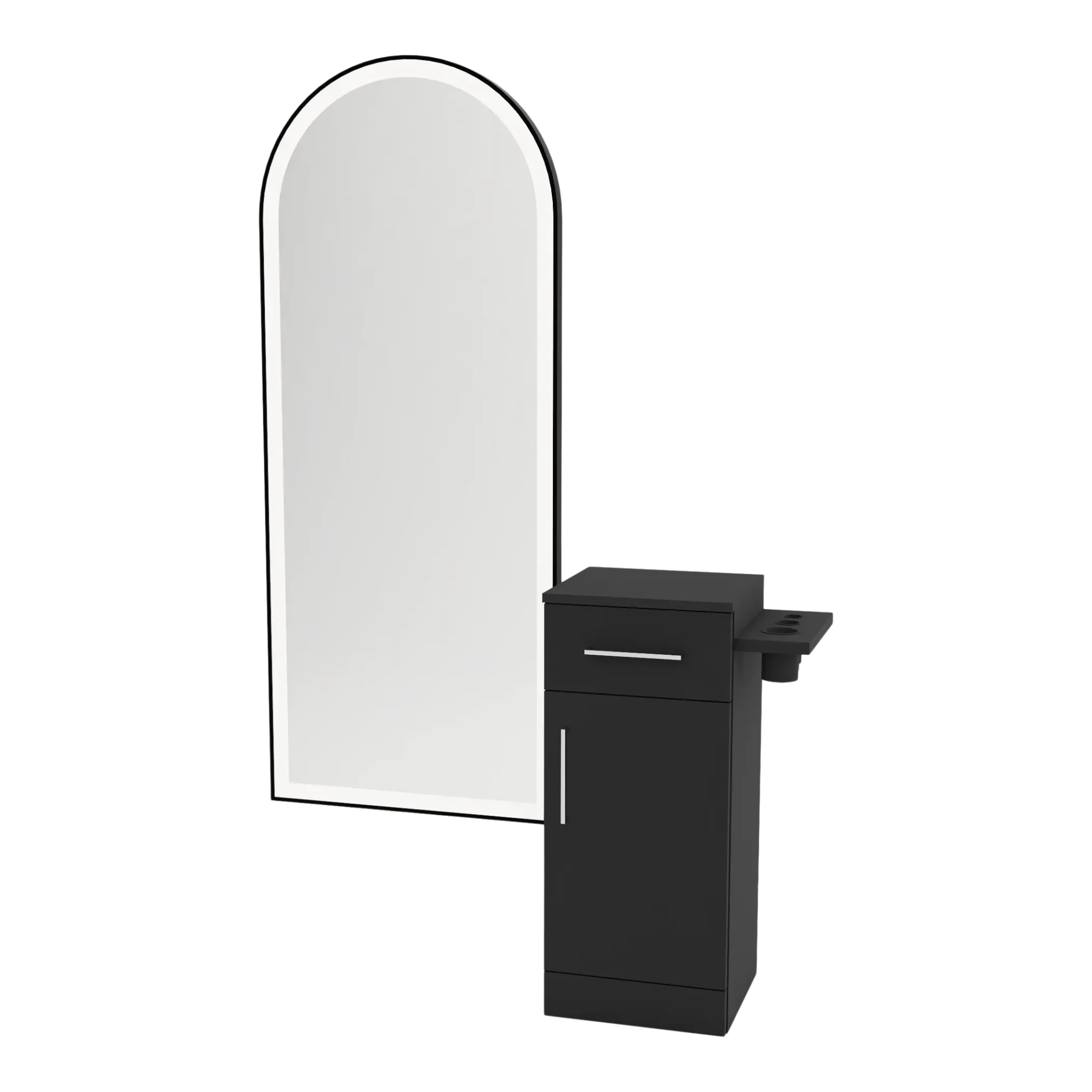 Nova Tower Free Standing Styling Station with Side-Mount Appliance Holder and Black Full-Length Arch Paloma Mirror - Kaemark