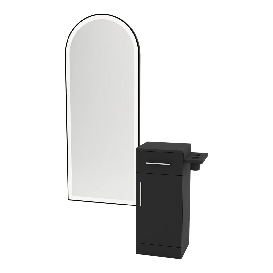 Nova Tower Free Standing Styling Station with Side-Mount Appliance Holder and Black Full-Length Arch Paloma Mirror - Kaemark