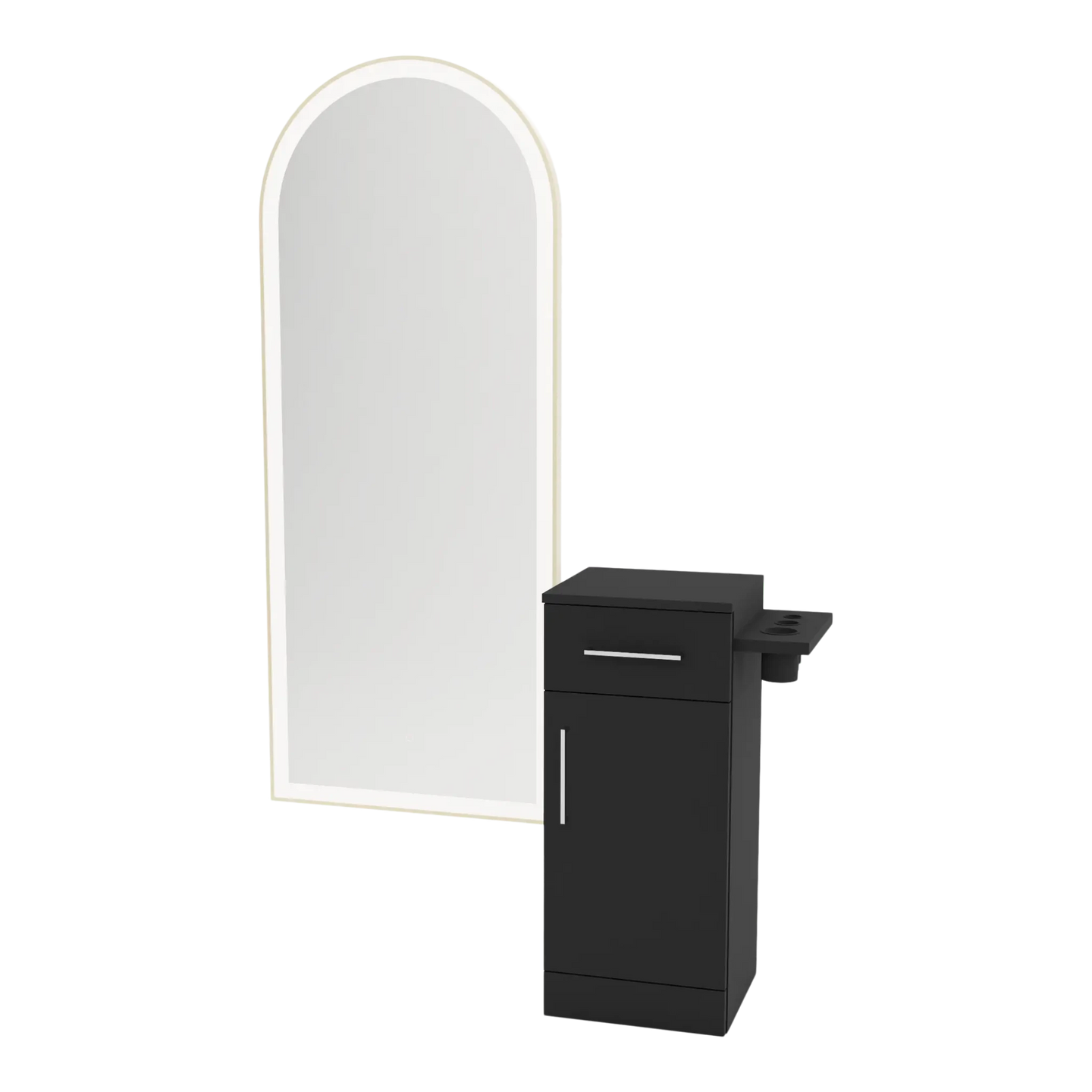 Nova Tower Free Standing Styling Station with Side-Mount Appliance Holder and Gold Full-Length Arch Paloma Mirror - Kaemark