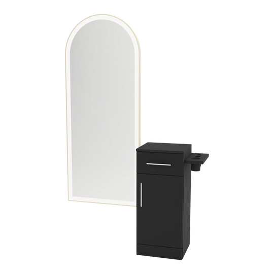 Nova Tower Free Standing Styling Station with Side-Mount Appliance Holder and Gold Full-Length Arch Paloma Mirror - Kaemark