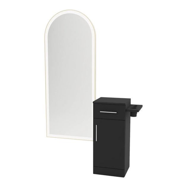 Nova Tower Free Standing Styling Station with Side-Mount Appliance Holder and Gold Full-Length Arch Paloma Mirror - Kaemark