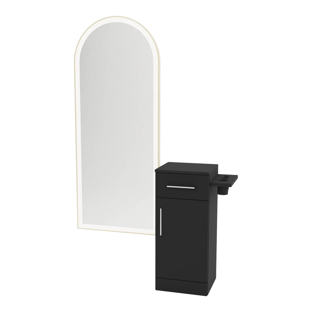 Nova Tower Free Standing Styling Station with Side-Mount Appliance Holder and Gold Full-Length Arch Paloma Mirror - Kaemark