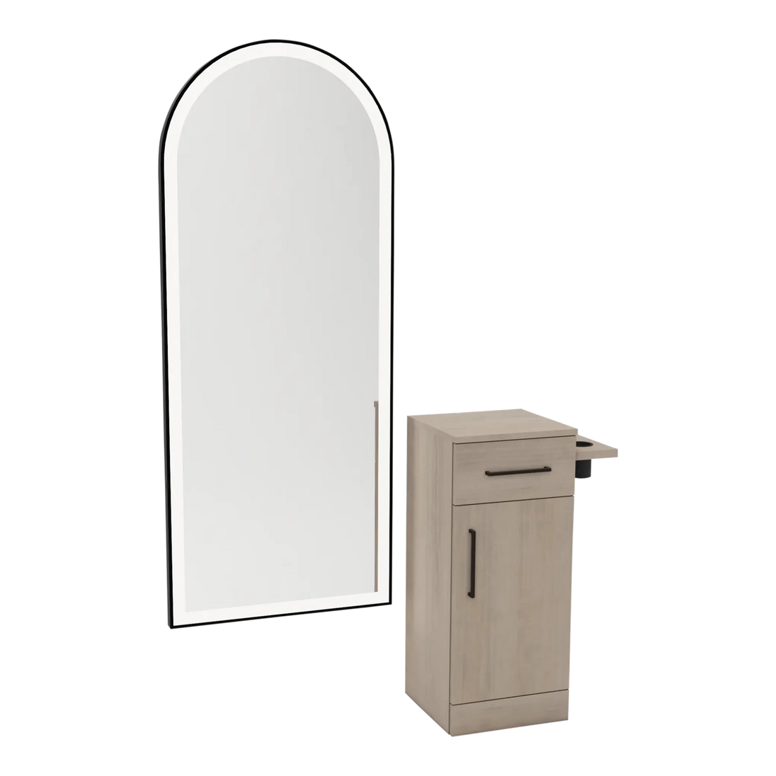 Nova Tower Free Standing Styling Station with Side-Mount Appliance Holder and Black Full-Length Arch Paloma Mirror - Kaemark
