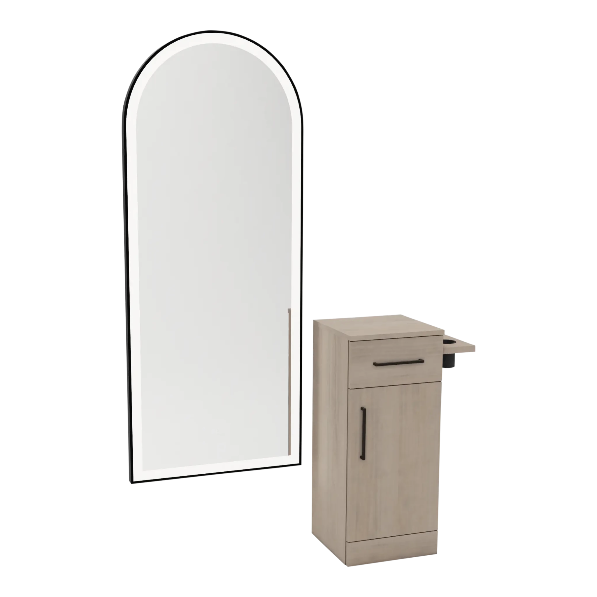 Nova Tower Free Standing Styling Station with Side-Mount Appliance Holder and Black Full-Length Arch Paloma Mirror - Kaemark