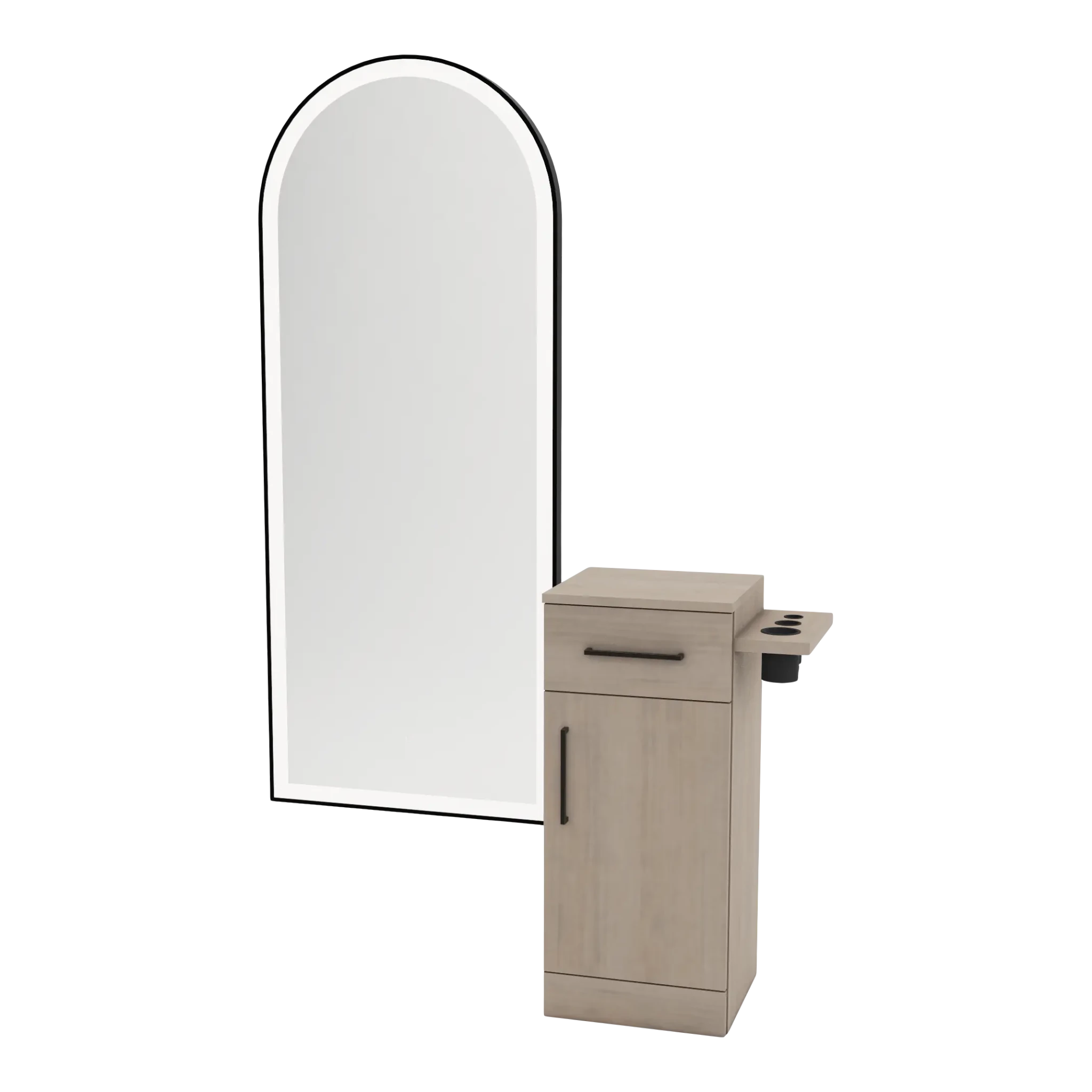 Nova Tower Free Standing Styling Station with Side-Mount Appliance Holder and Black Full-Length Arch Paloma Mirror - Kaemark