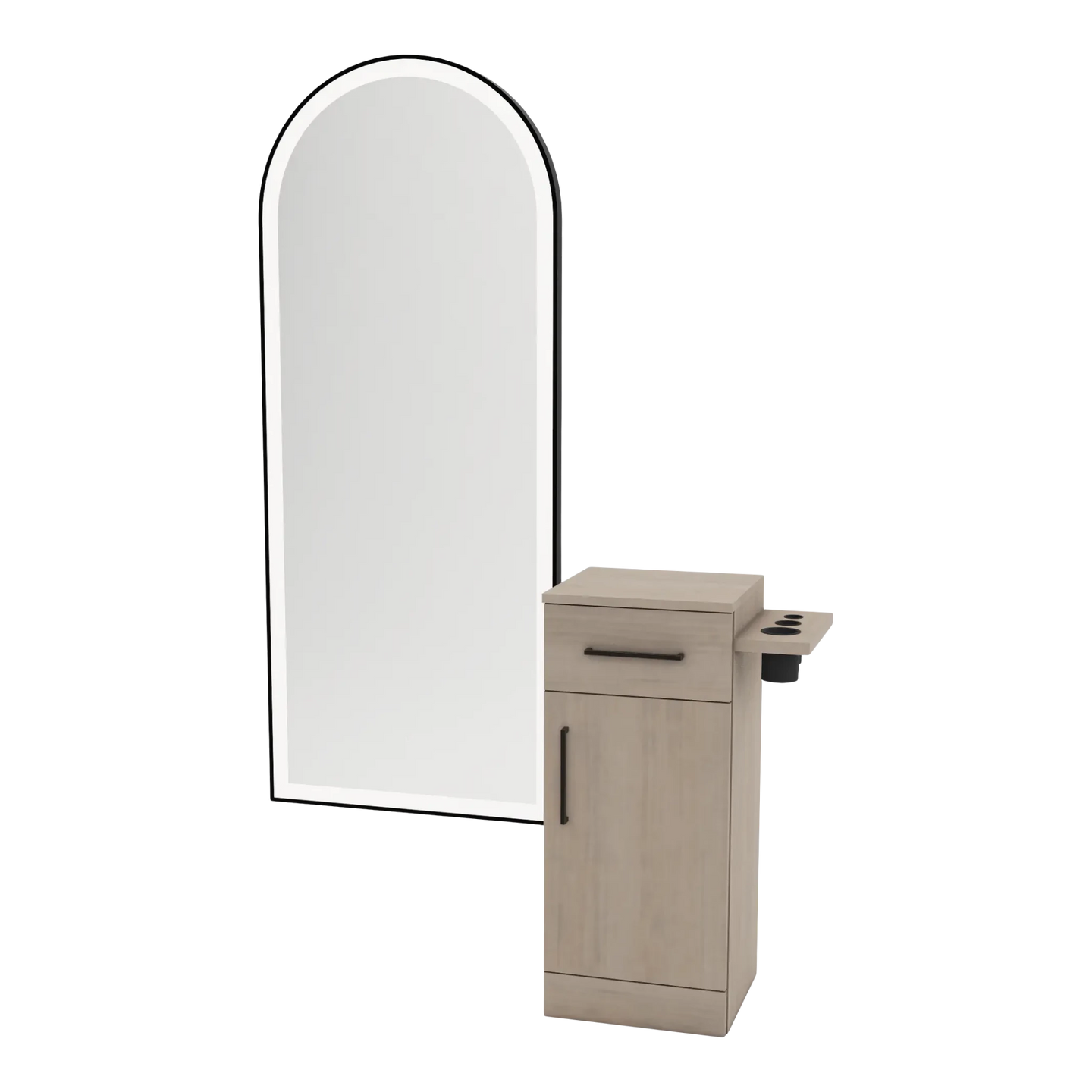 Nova Tower Free Standing Styling Station with Side-Mount Appliance Holder and Black Full-Length Arch Paloma Mirror - Kaemark