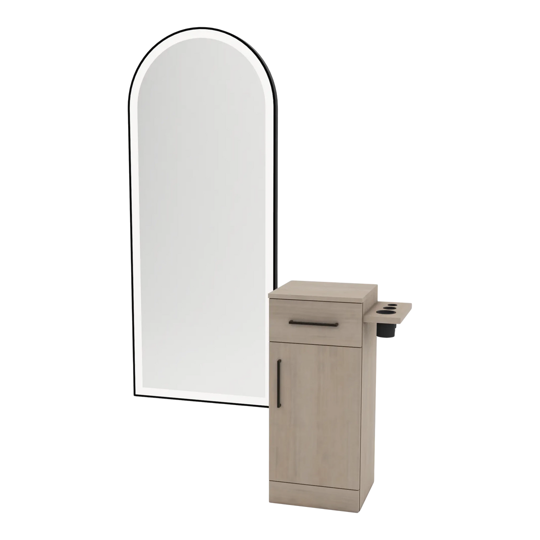Nova Tower Free Standing Styling Station with Side-Mount Appliance Holder and Black Full-Length Arch Paloma Mirror - Kaemark