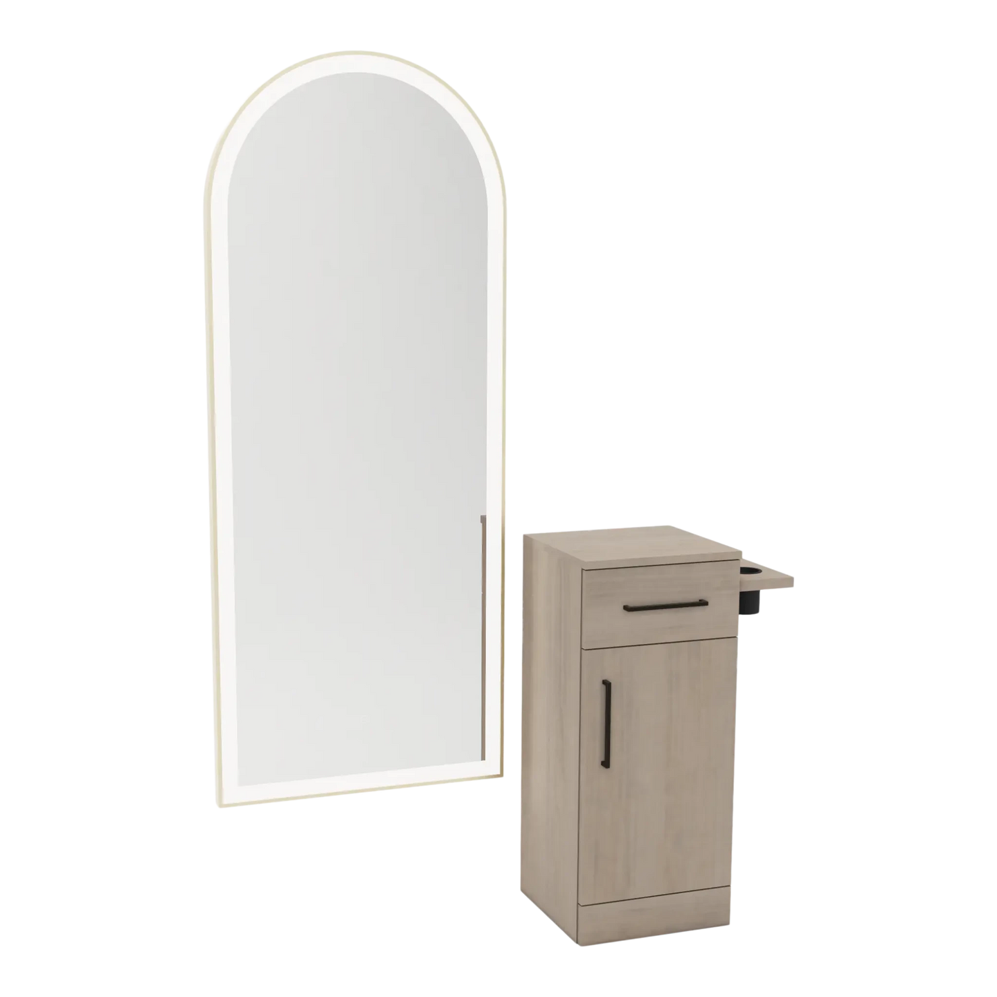 Nova Tower Free Standing Styling Station with Side-Mount Appliance Holder and Gold Full-Length Arch Paloma Mirror - Kaemark