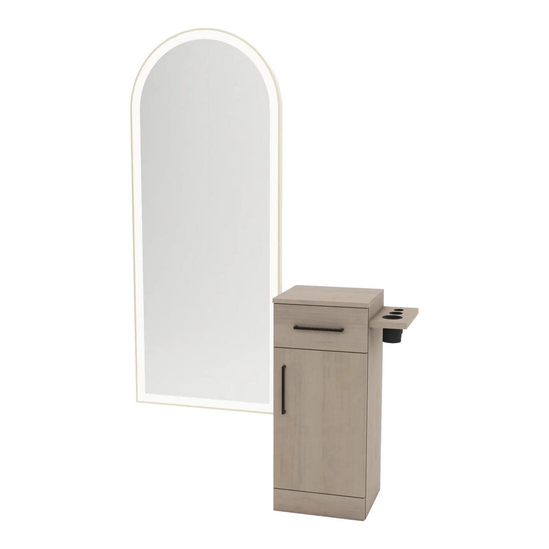 Nova Tower Free Standing Styling Station with Side-Mount Appliance Holder and Gold Full-Length Arch Paloma Mirror - Kaemark