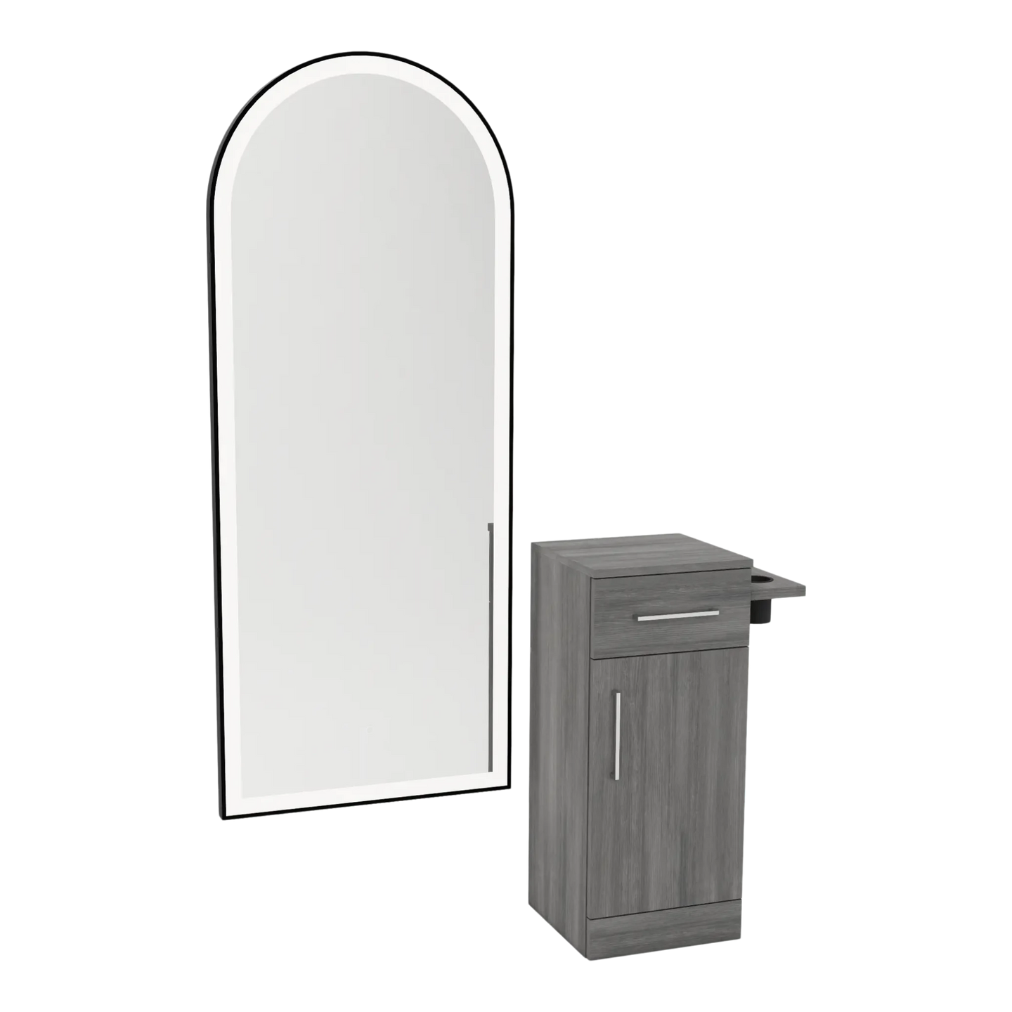 Nova Tower Free Standing Styling Station with Side-Mount Appliance Holder and Black Full-Length Arch Paloma Mirror - Kaemark