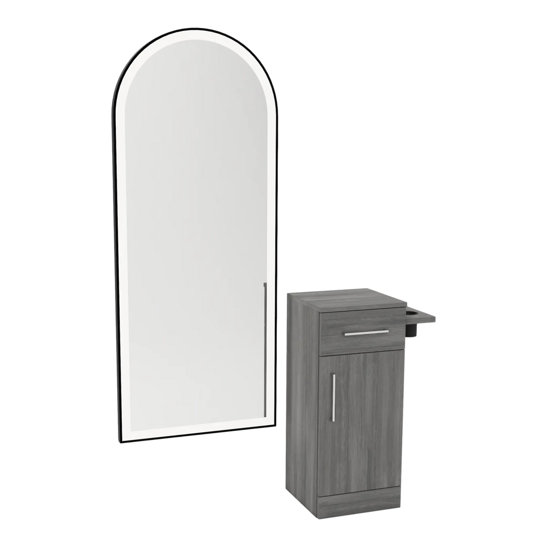 Nova Tower Free Standing Styling Station with Side-Mount Appliance Holder and Black Full-Length Arch Paloma Mirror - Kaemark