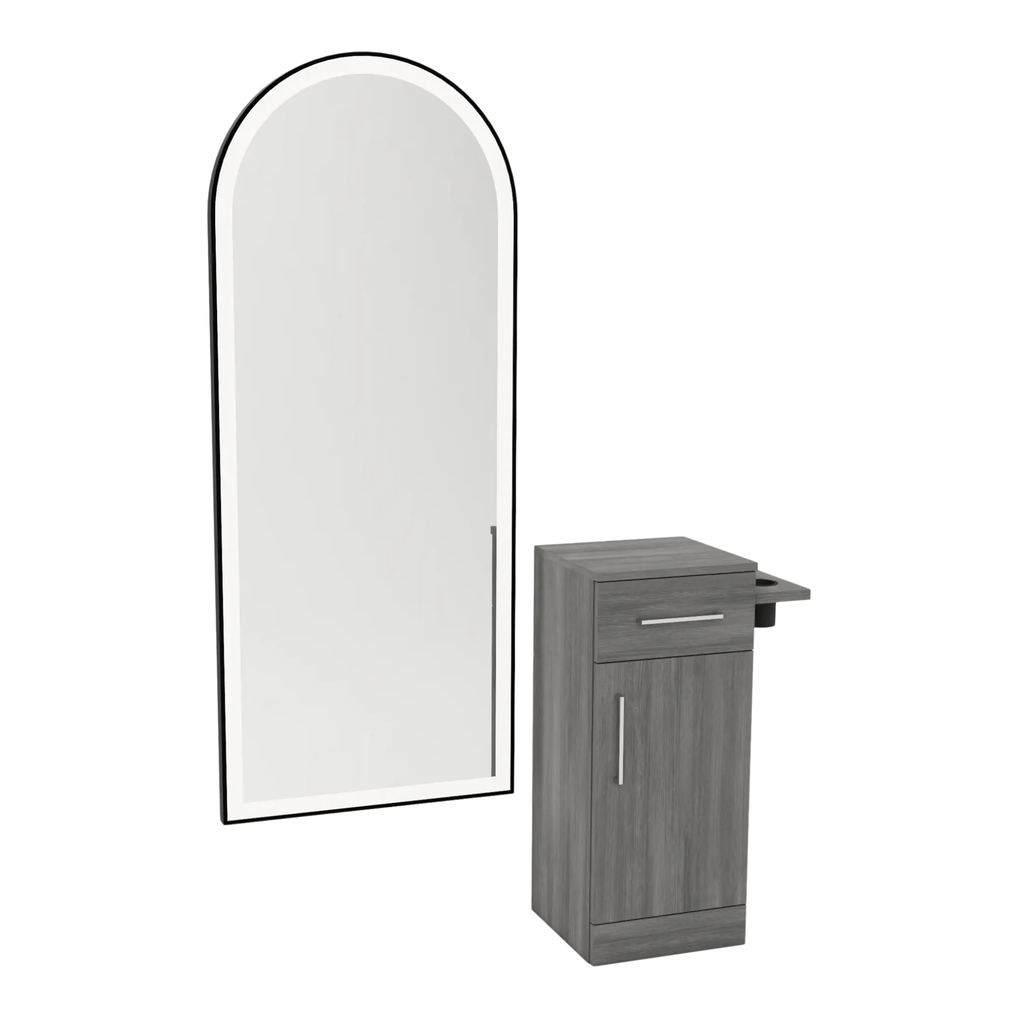 Nova Tower Free Standing Styling Station with Side-Mount Appliance Holder and Black Full-Length Arch Paloma Mirror - Kaemark