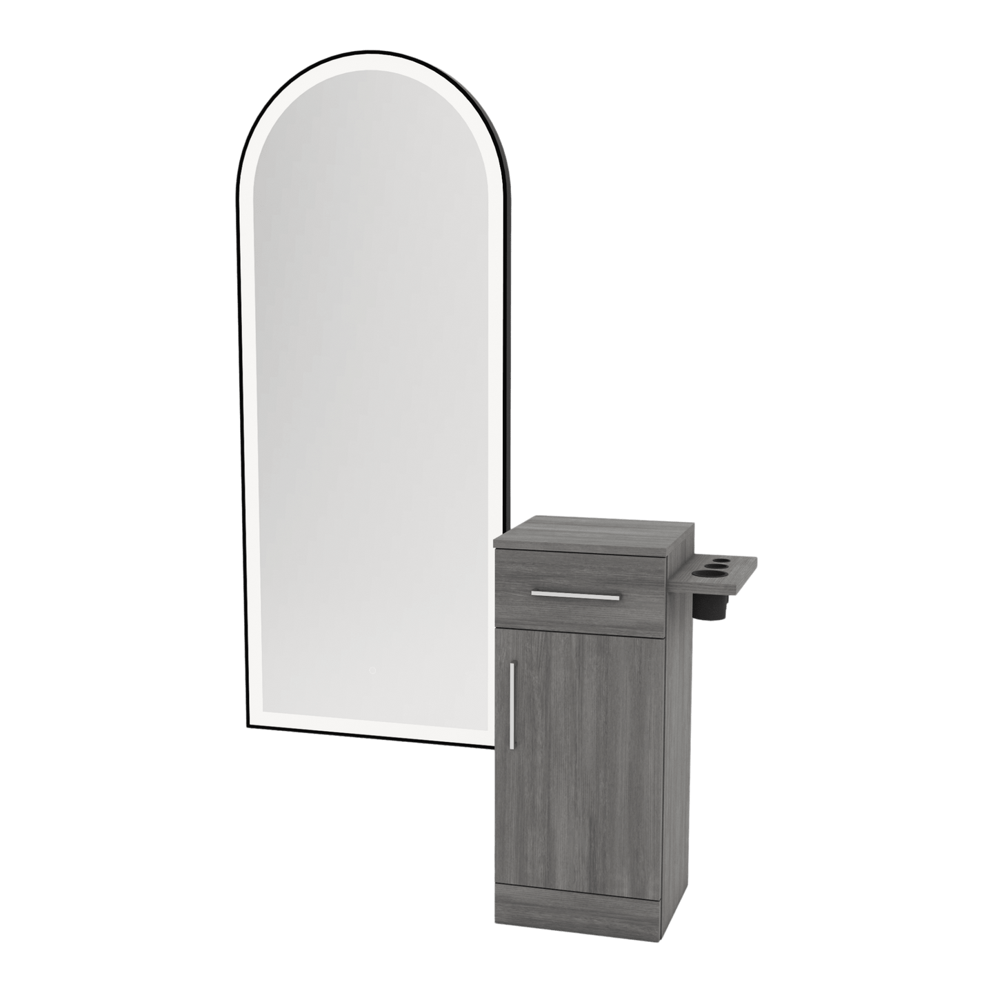 Nova Tower Free Standing Styling Station with Side-Mount Appliance Holder and Black Full-Length Arch Paloma Mirror - Kaemark