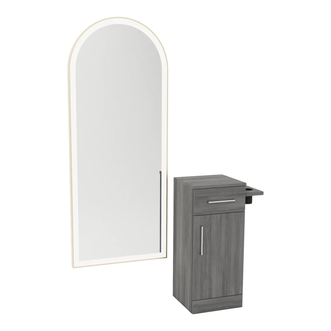 Nova Tower Free Standing Styling Station with Side-Mount Appliance Holder and Gold Full-Length Arch Paloma Mirror - Kaemark