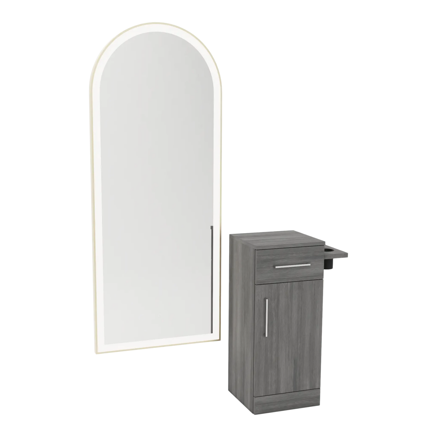 Nova Tower Free Standing Styling Station with Side-Mount Appliance Holder and Gold Full-Length Arch Paloma Mirror - Kaemark