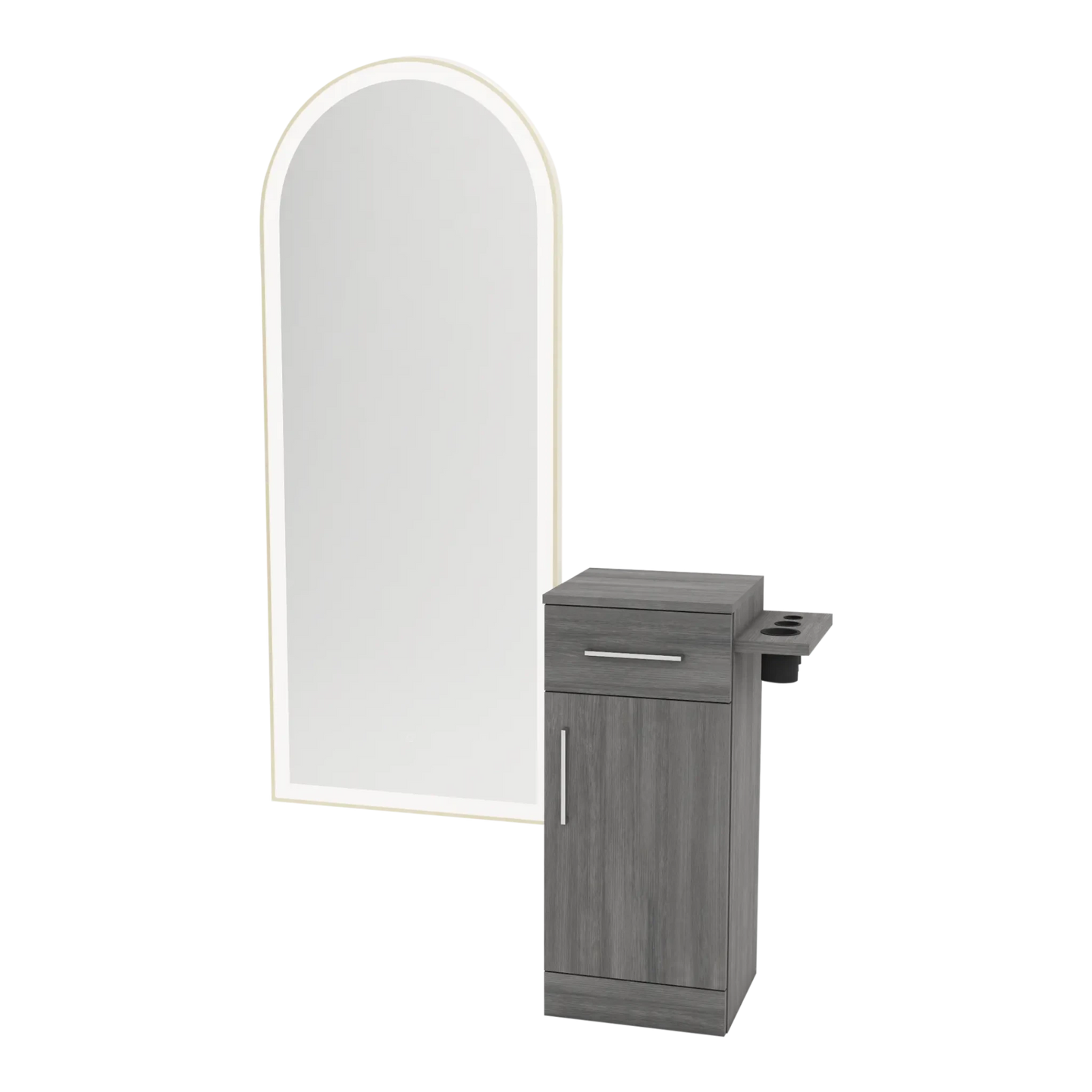 Nova Tower Free Standing Styling Station with Side-Mount Appliance Holder and Gold Full-Length Arch Paloma Mirror - Kaemark