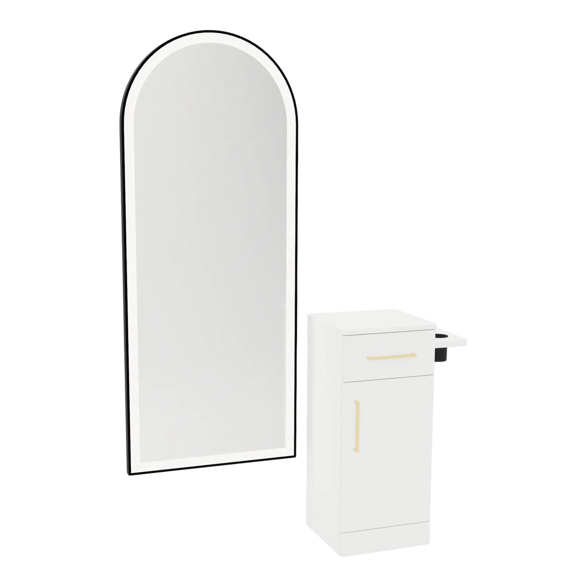 Nova Tower Free Standing Styling Station with Side-Mount Appliance Holder and Black Full-Length Arch Paloma Mirror - Kaemark