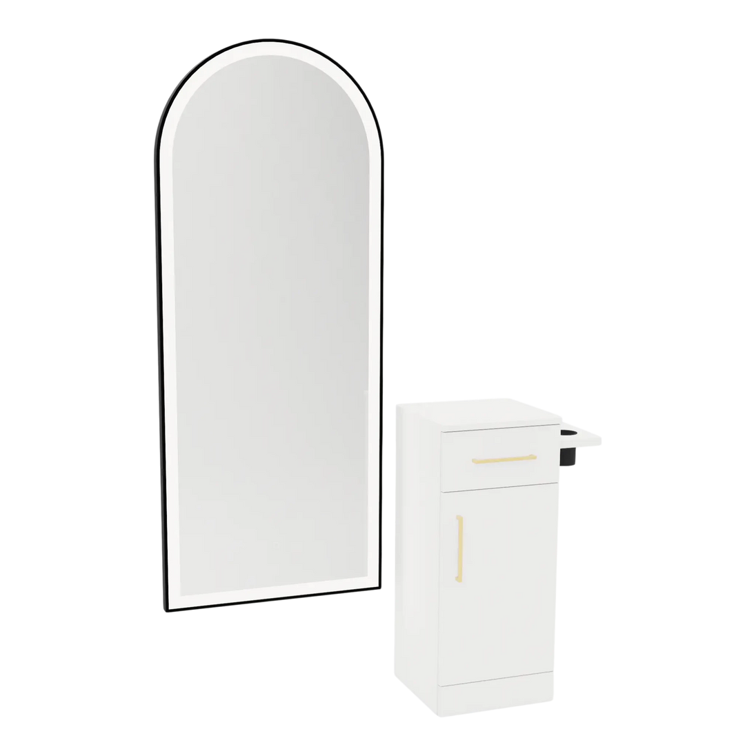 Nova Tower Free Standing Styling Station with Side-Mount Appliance Holder and Black Full-Length Arch Paloma Mirror - Kaemark
