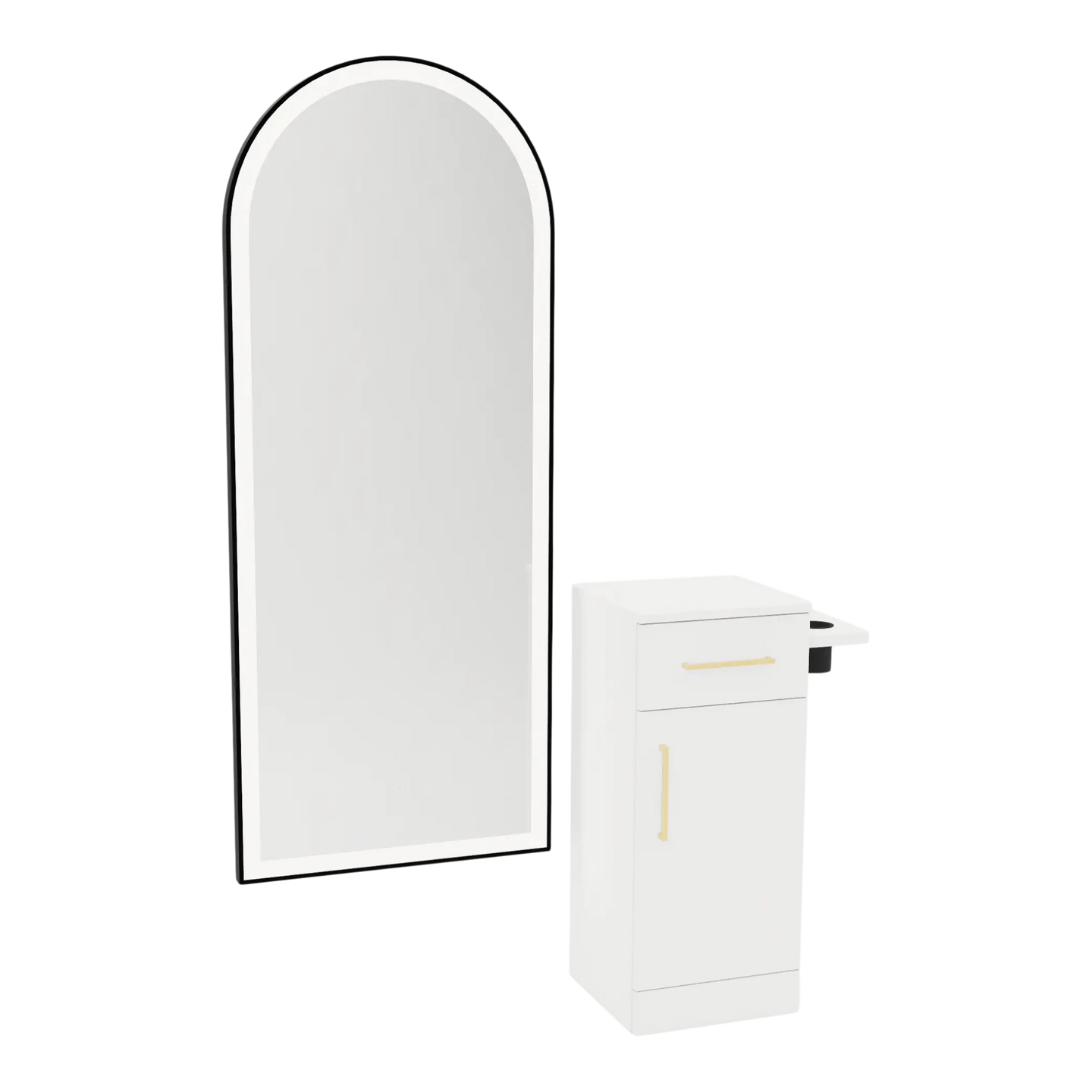 Nova Tower Free Standing Styling Station with Side-Mount Appliance Holder and Black Full-Length Arch Paloma Mirror - Kaemark
