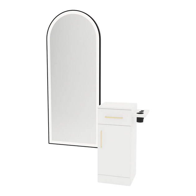 Nova Tower Free Standing Styling Station with Side-Mount Appliance Holder and Black Full-Length Arch Paloma Mirror - Kaemark