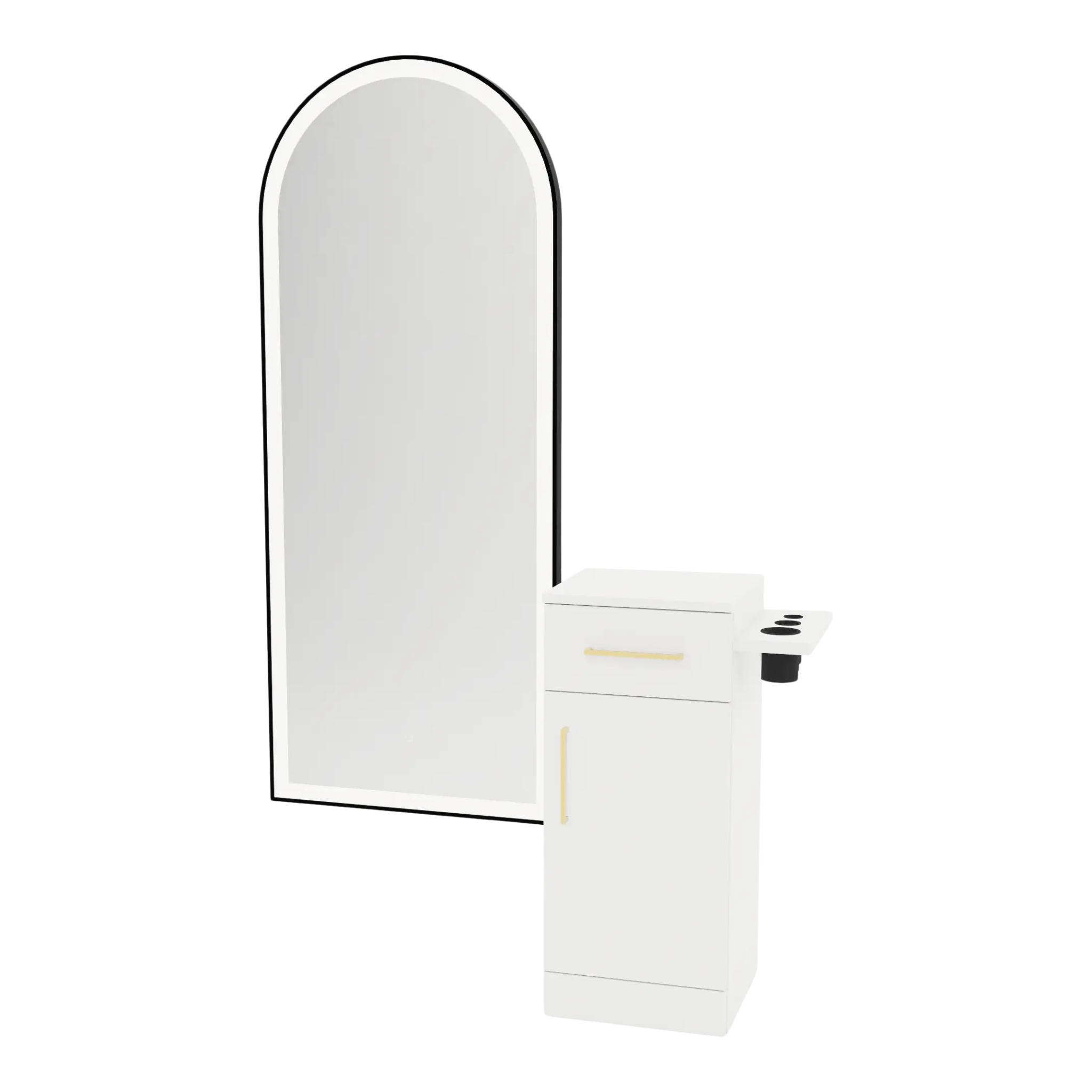Nova Tower Free Standing Styling Station with Side-Mount Appliance Holder and Black Full-Length Arch Paloma Mirror - Kaemark