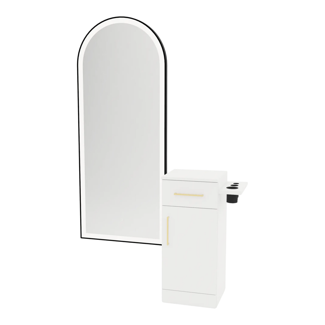 Nova Tower Free Standing Styling Station with Side-Mount Appliance Holder and Black Full-Length Arch Paloma Mirror - Kaemark