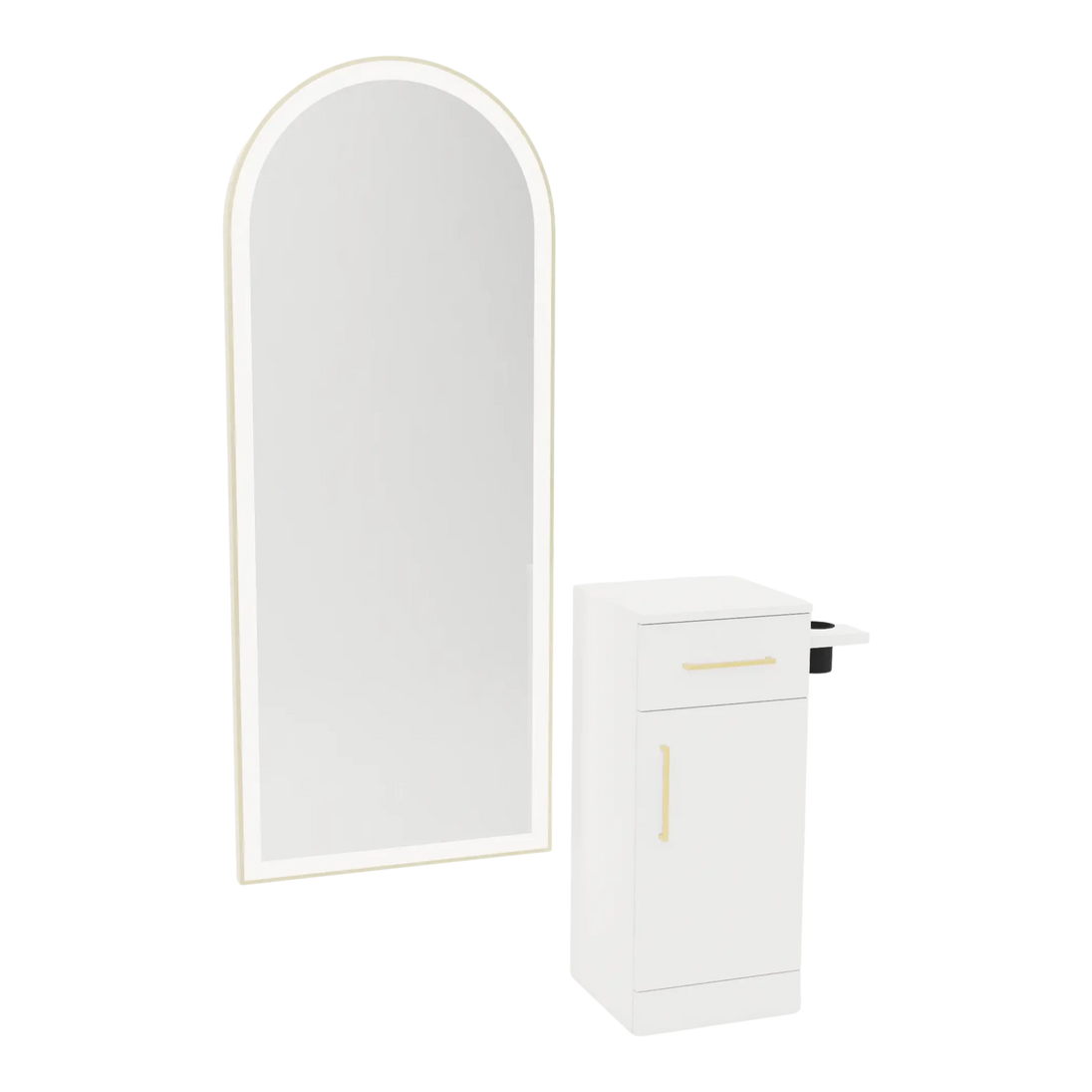 Nova Tower Free Standing Styling Station with Side-Mount Appliance Holder and Gold Full-Length Arch Paloma Mirror - Kaemark